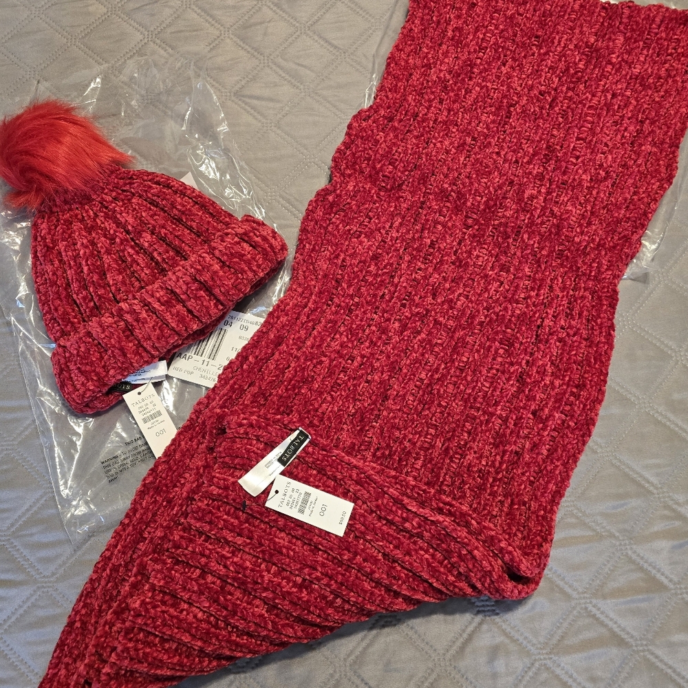New Talbots Red Chenille Scarf And Matching Fur Top Beanie Set